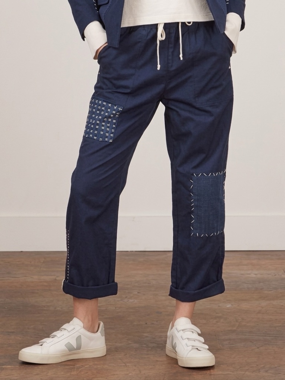 Kerri Rosenthal Every Body Patchwork Pant Navy Blue Sashiko Stitch Crop Pants